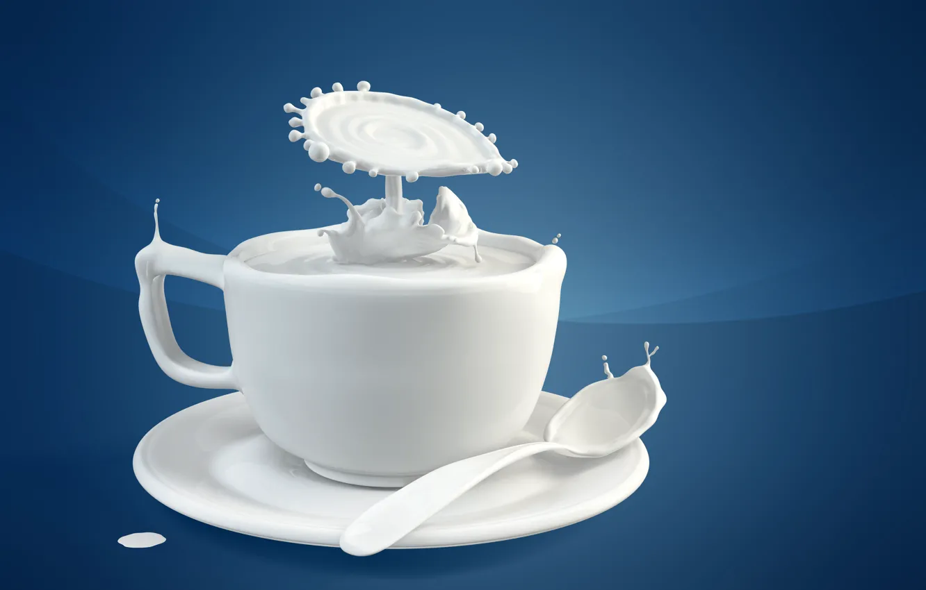 Photo wallpaper splash, milk, spoon, Cup, saucer