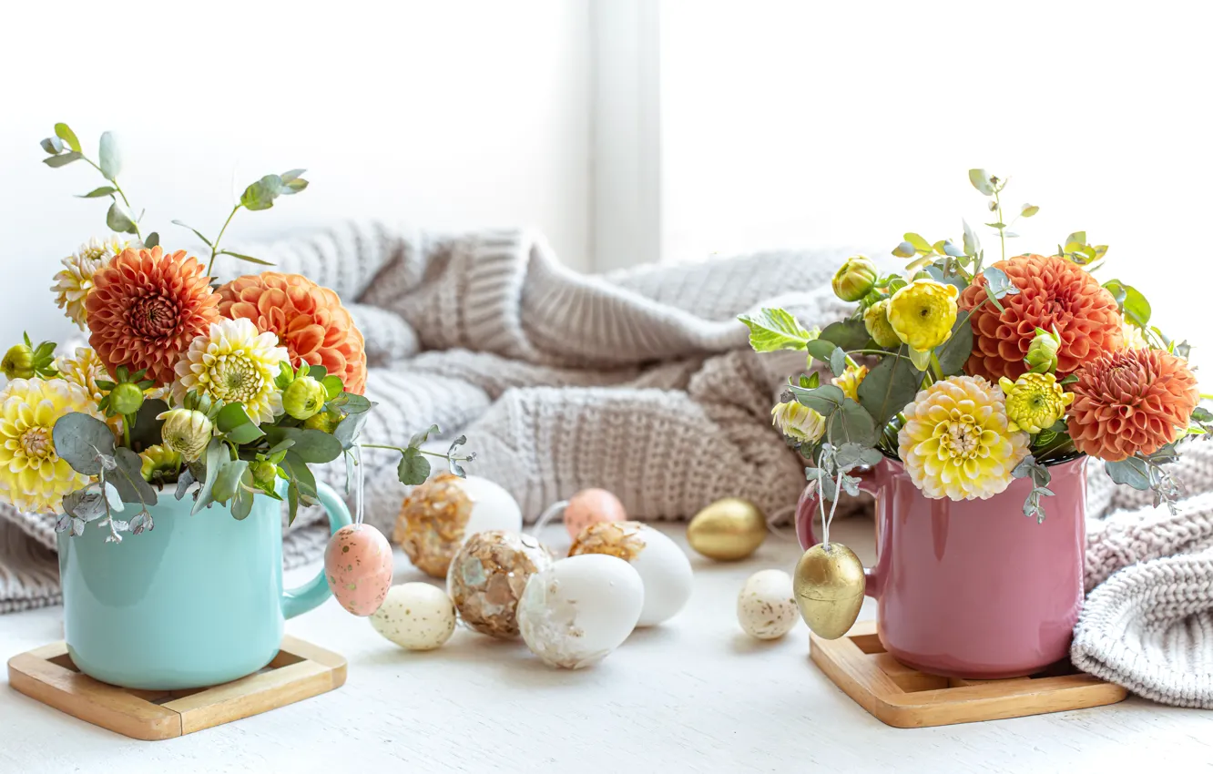 Photo wallpaper flowers, eggs, Easter, sweater, dahlias