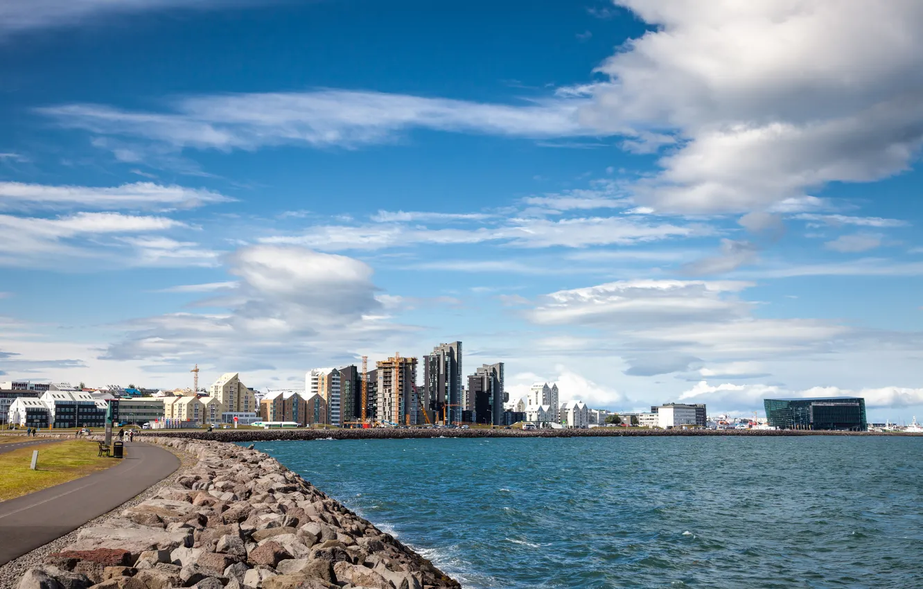 Photo wallpaper skyline, seaside, promenade, structure, seacoast, reykjavik, seafront