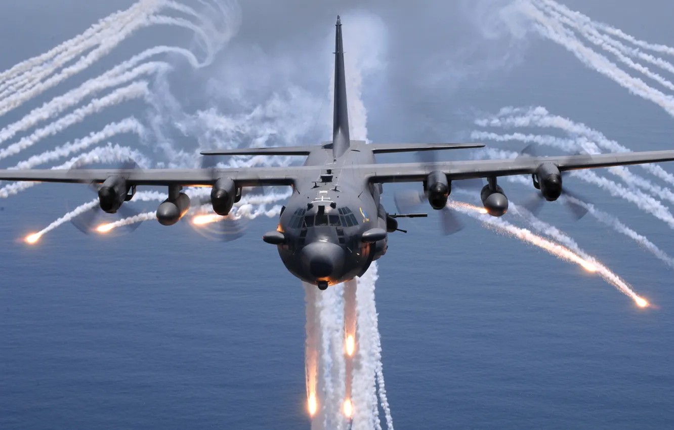 Photo wallpaper sea, the plane, fire, Lockheed AC-130H Spectre