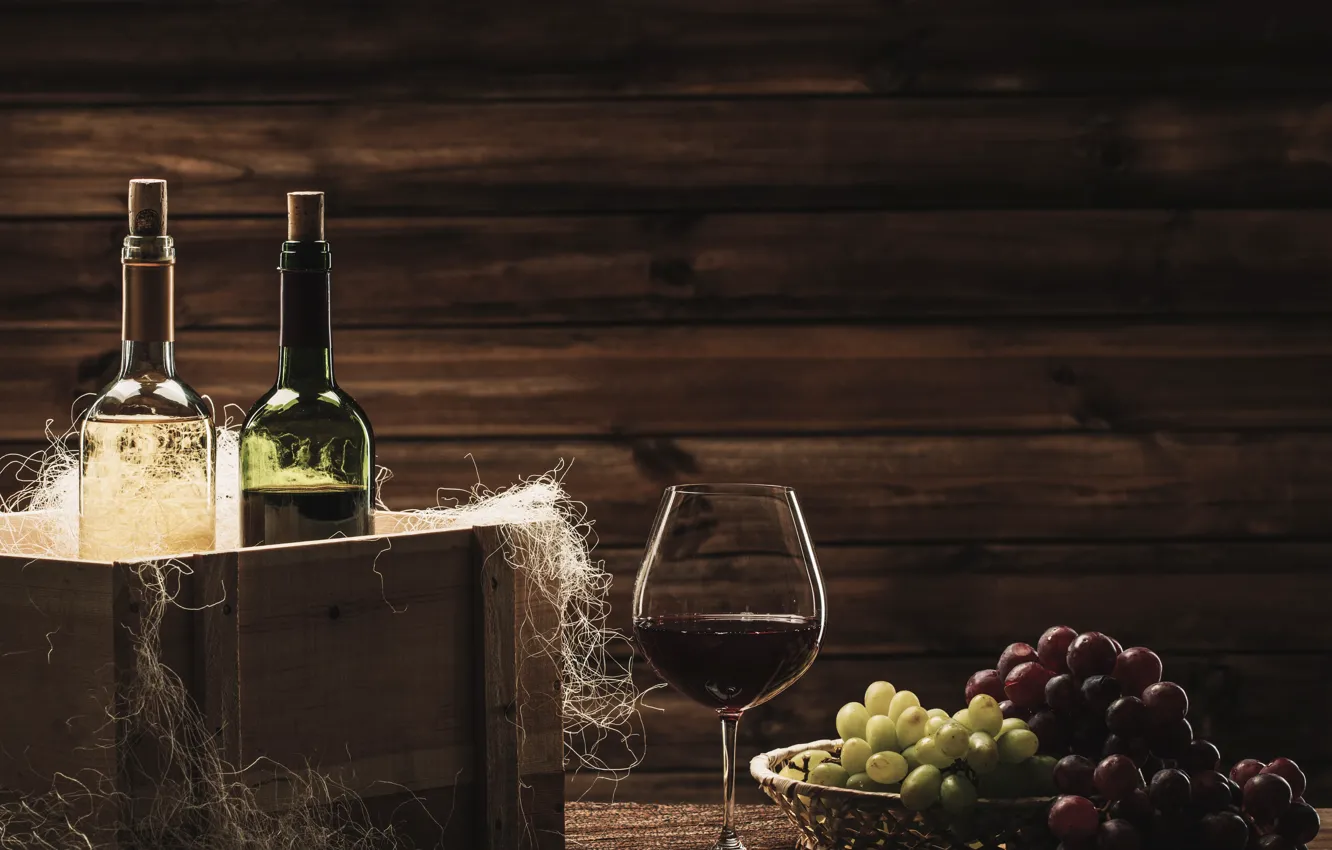 Photo wallpaper wine, glass, grapes, tube, bottle, box