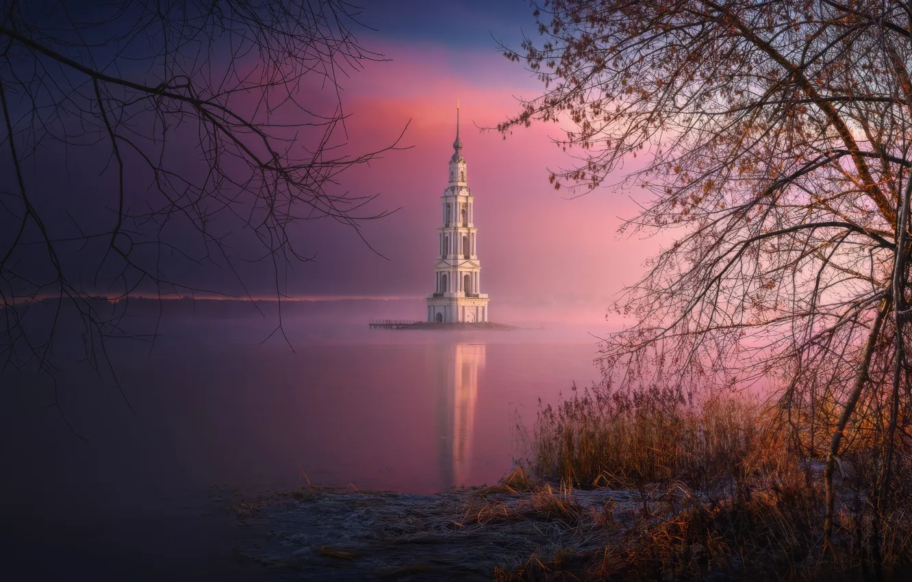 Photo wallpaper sunset, island, the evening, the bell tower, Kalyazin, Kalyazinskaya bell Tower, Uglich reservoir