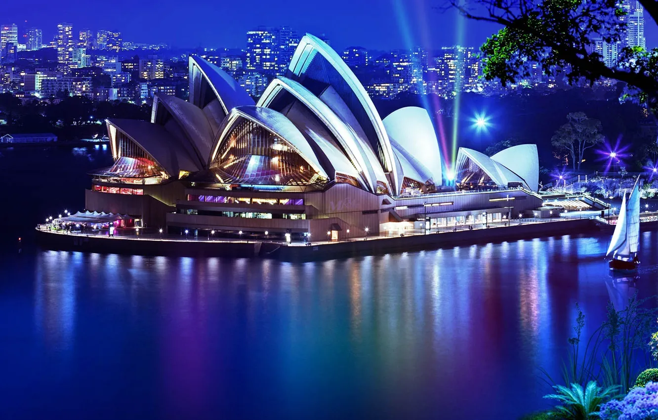 Photo wallpaper water, trees, night, the city, plant, yacht, theatre, Sydney