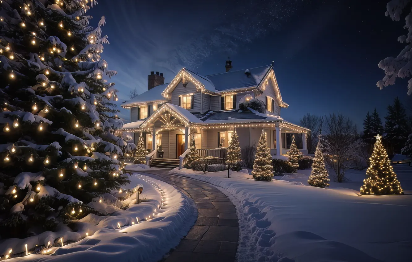 Wallpaper winter, snow, decoration, night, lights, house, tree, New ...