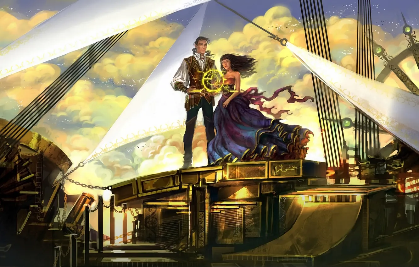 Photo wallpaper the sky, girl, clouds, bird, ship, art, guy, anndr