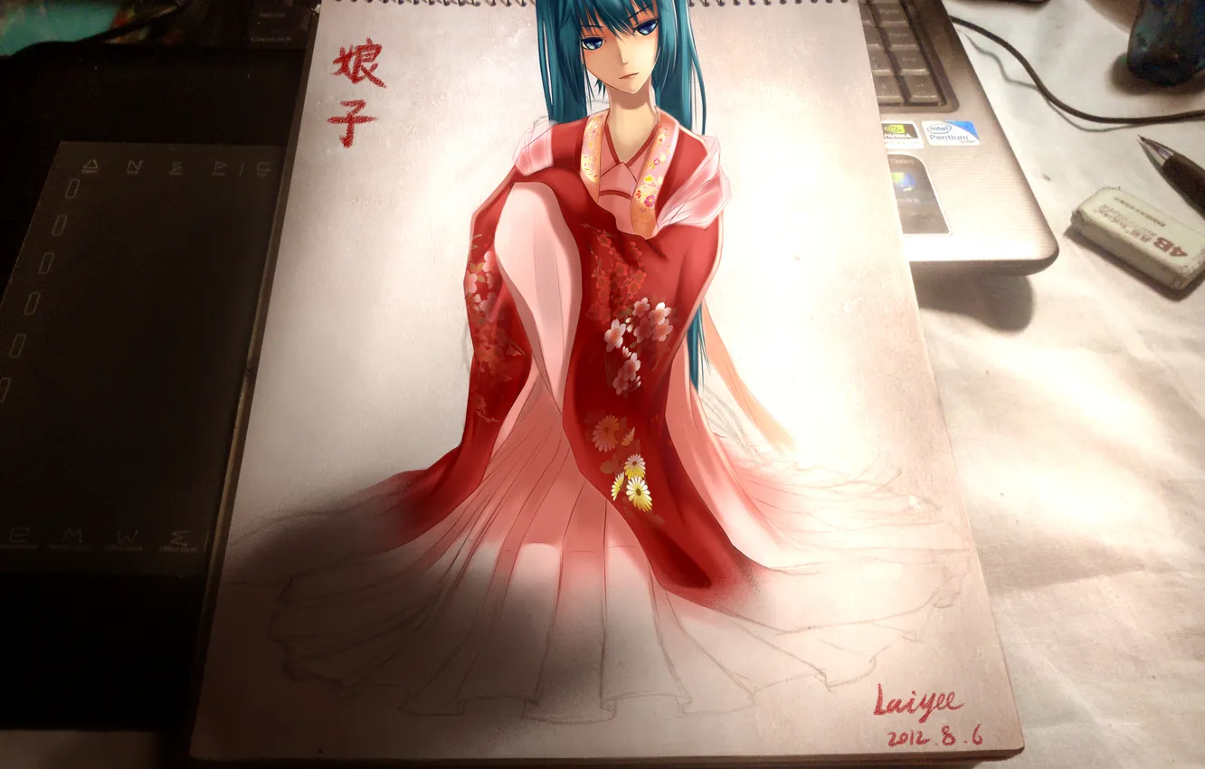 Photo wallpaper figure, art, kimono, hatsune miku, Vocaloid