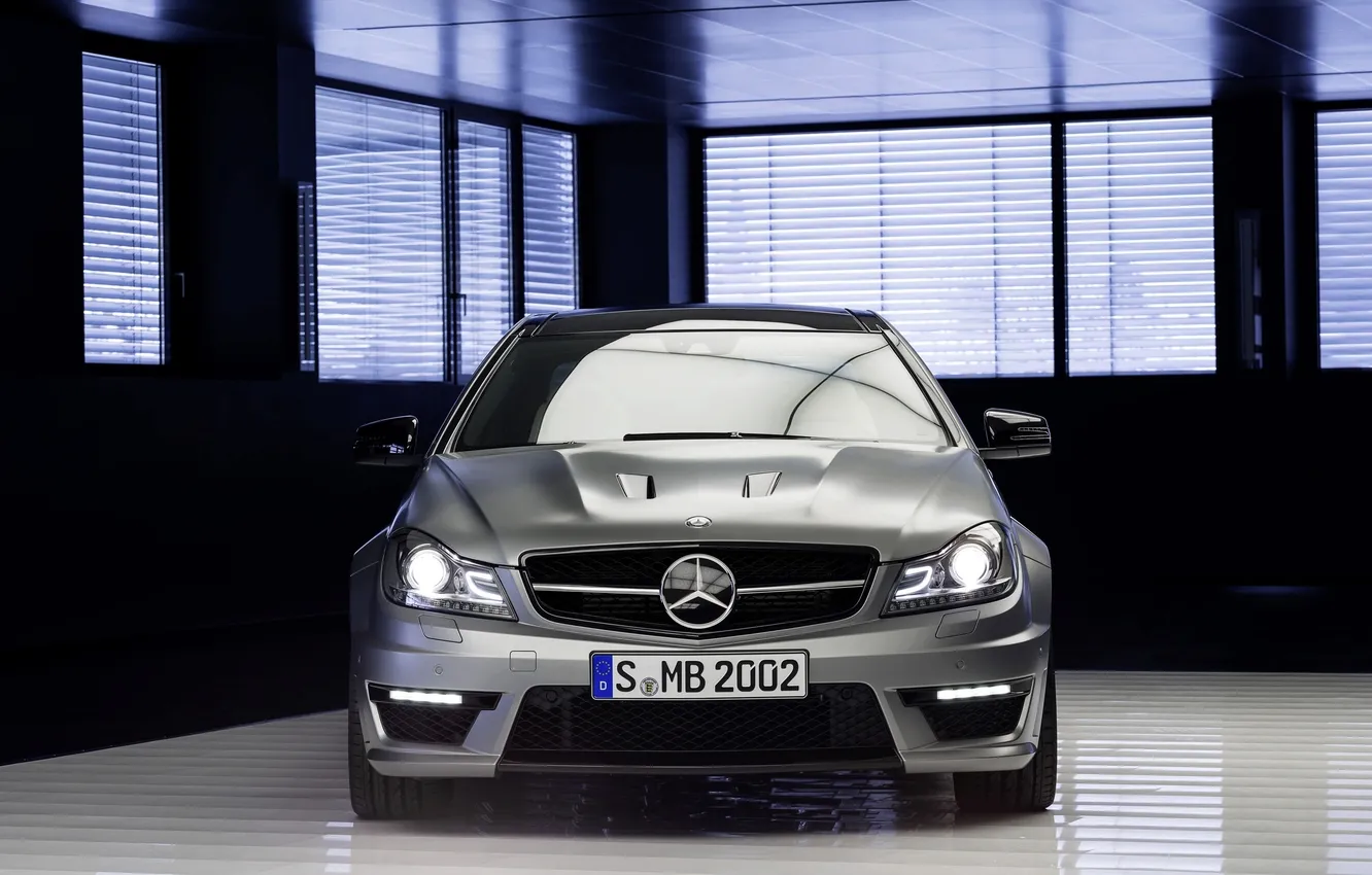 Photo wallpaper auto, grey, lights, Mercedes-Benz, room, AMG, the front, C63