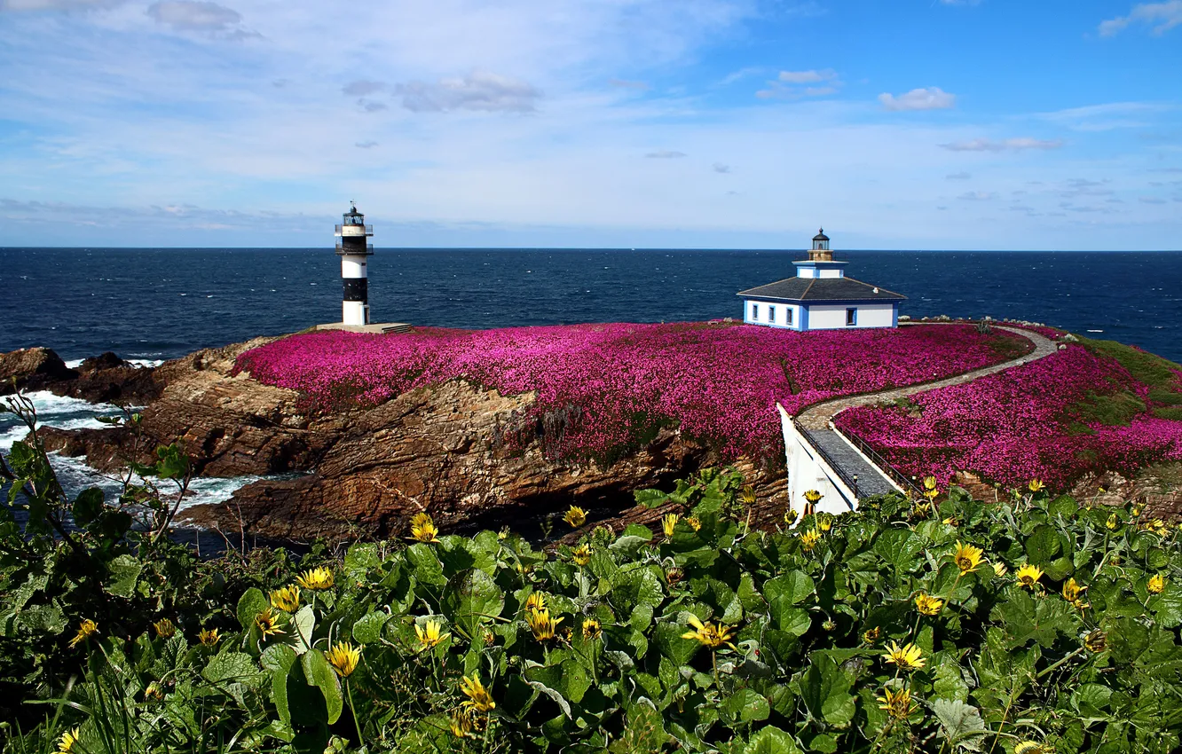 Photo wallpaper sea, flowers, rocks, coast, lighthouse, Spain, Spain, Ribadeo