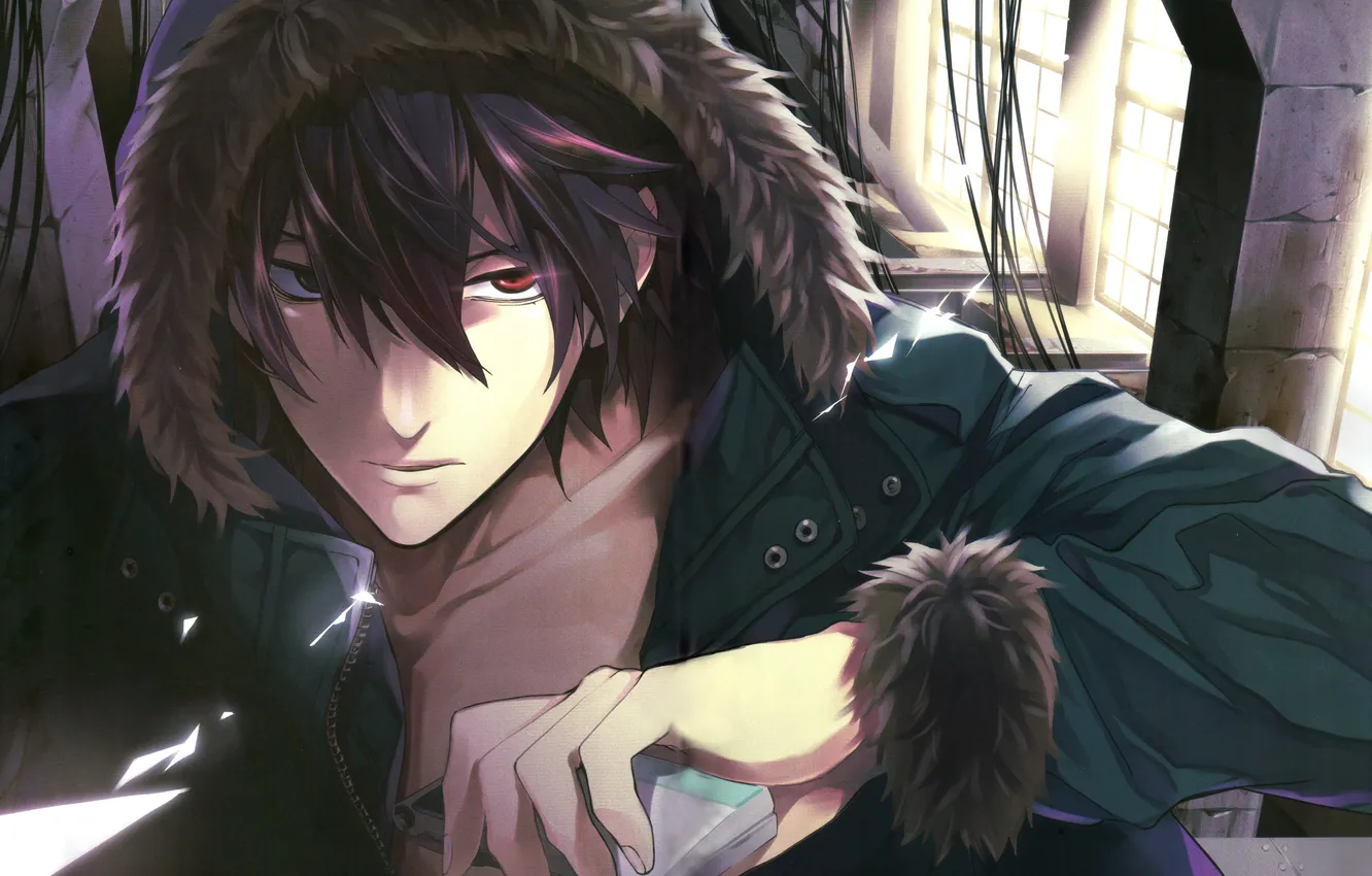 Photo wallpaper anime, jacket, serious, fur, guy, red eyes, black hair, Psychic Detective Yakumo