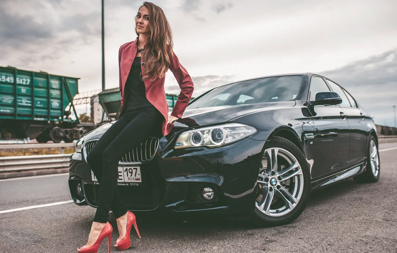 Photo wallpaper BMW, Girl, Car, Legs, Model, Woman, View, Road