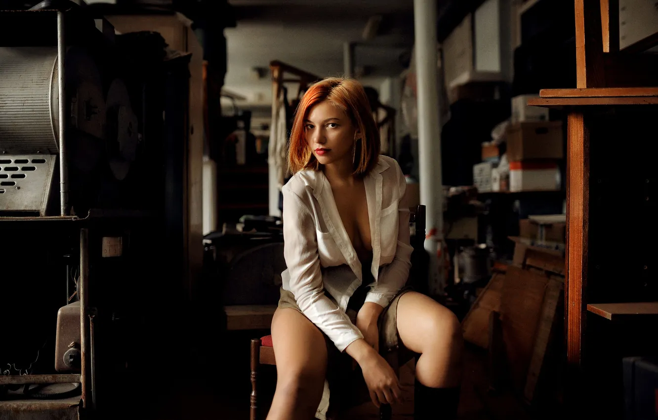 Photo wallpaper pose, feet, sitting, Denis Lytkin, unbuttoned blouse