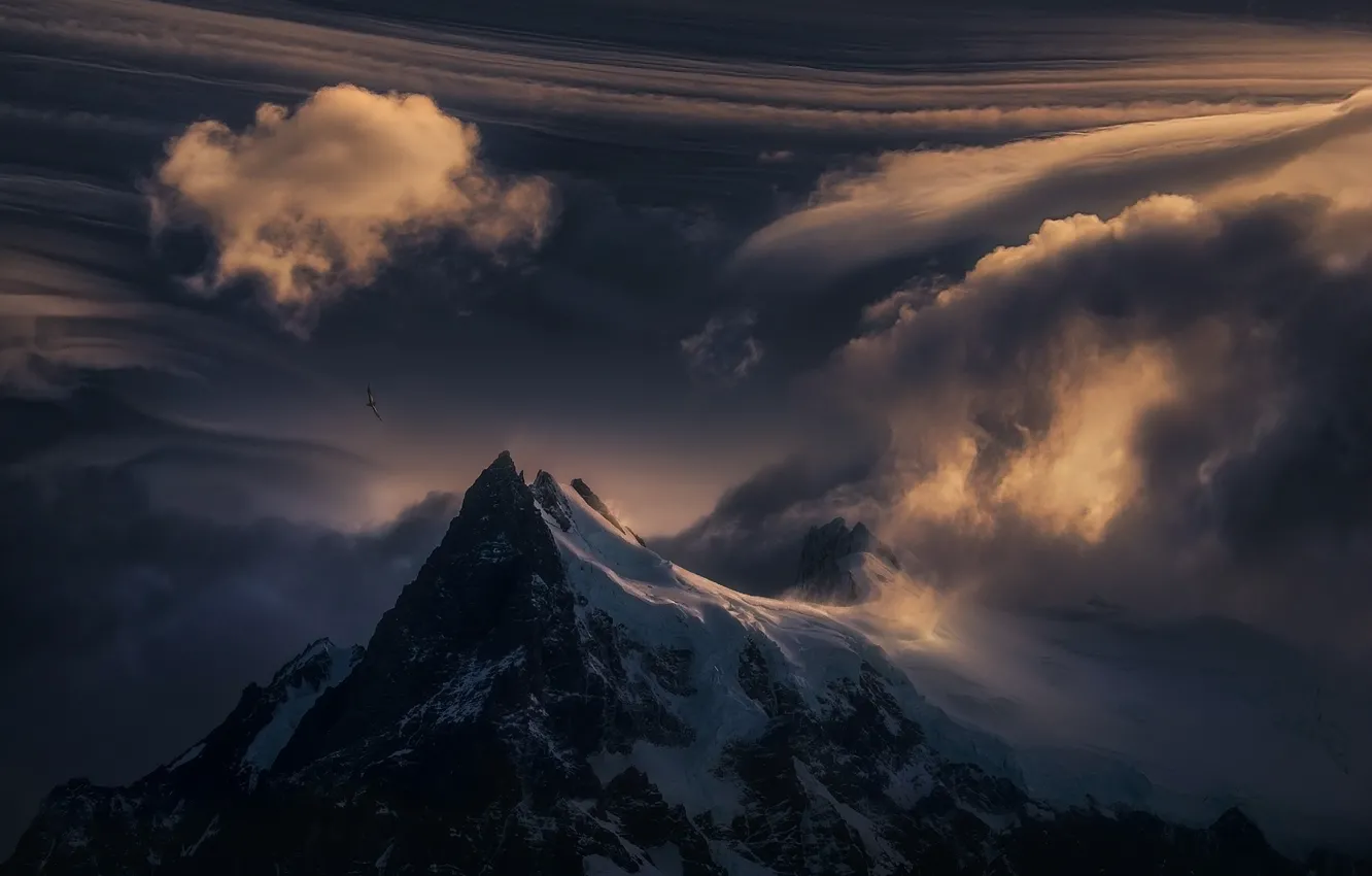 Photo wallpaper clouds, snow, sunset, nature, mountain, top