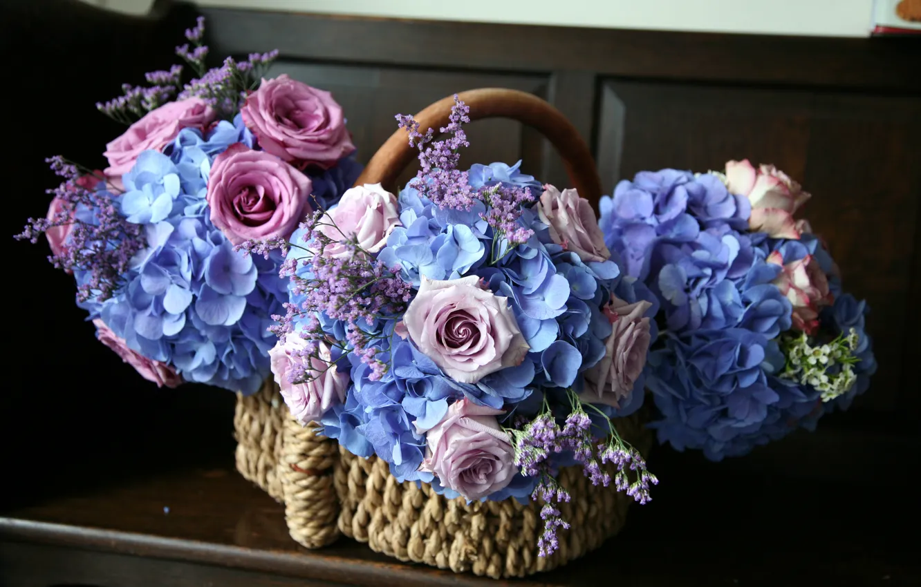 Photo wallpaper flowers, basket, roses, hydrangea