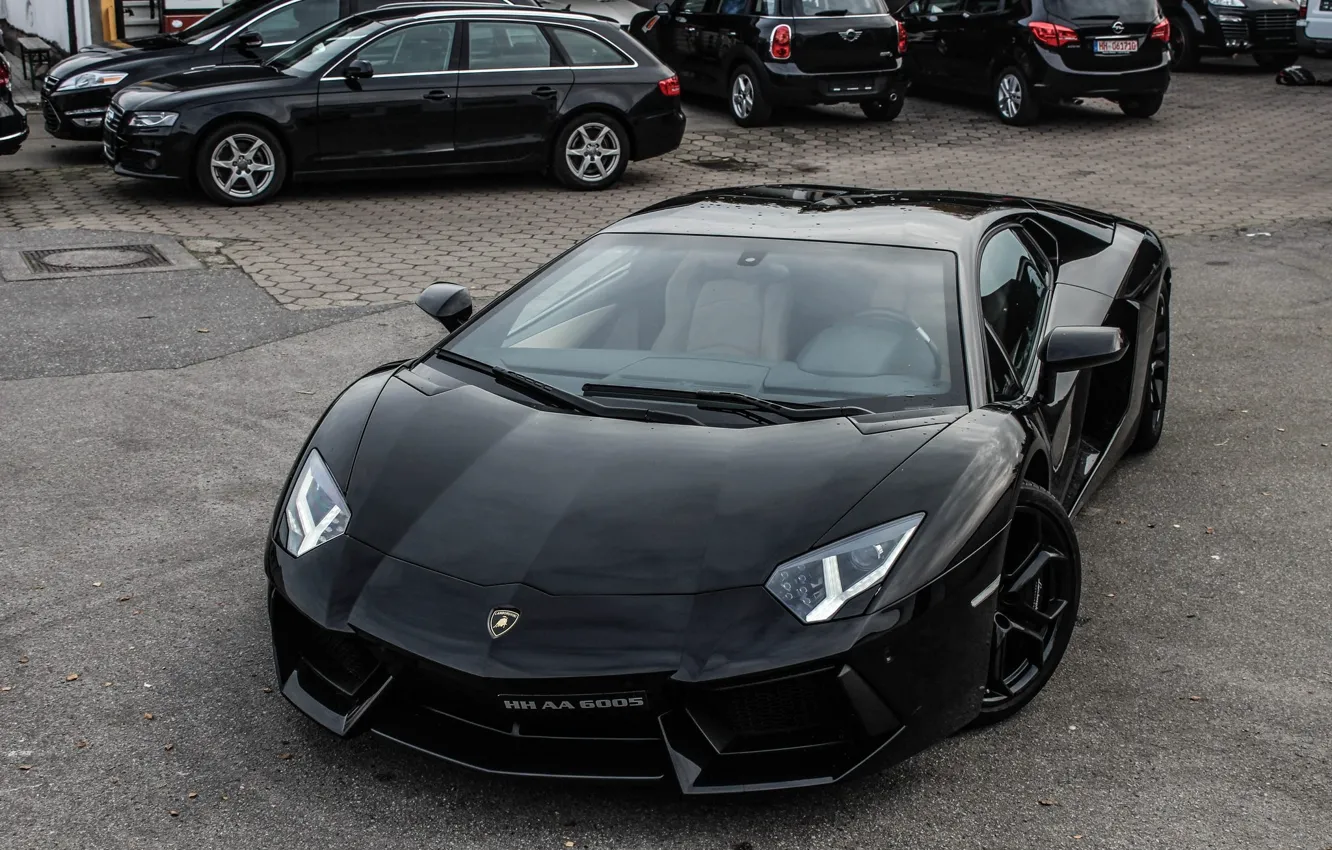 Photo wallpaper reflection, black, lamborghini, black, front view, cars, aventador, lp700-4