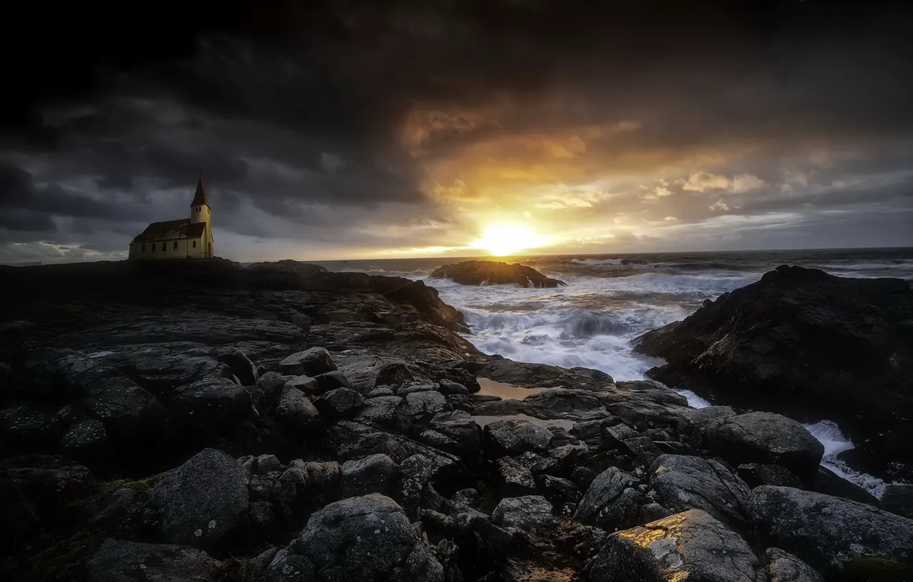 Photo wallpaper sea, sunset, shore