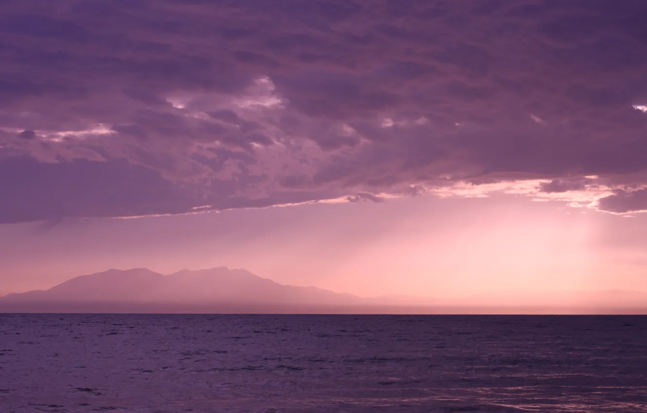 Photo wallpaper sea, wave, beach, the sky, water, clouds, rays, landscape