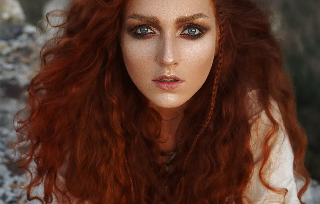 Photo wallpaper look, girl, face, hair, makeup, red, redhead, pigtail