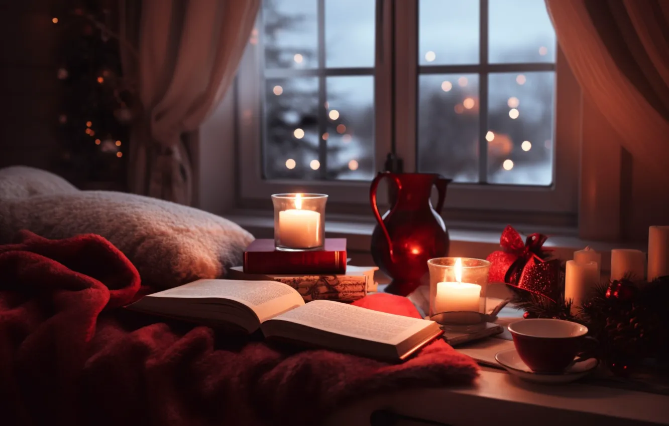Photo wallpaper comfort, heat, room, furniture, new year, interior, pillow, candles