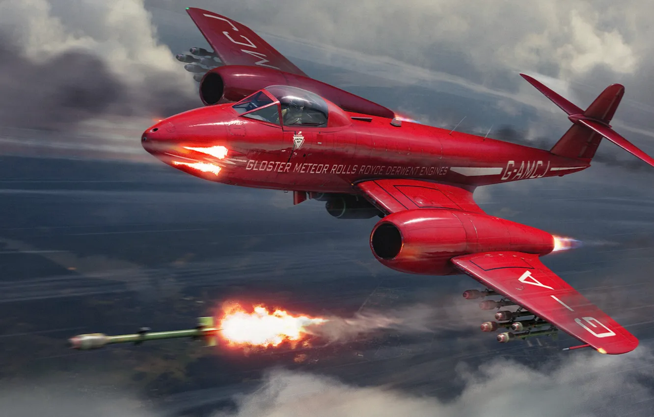 Photo wallpaper Red, The game, The plane, Flight, Fighter, Rocket, Art, Aviation