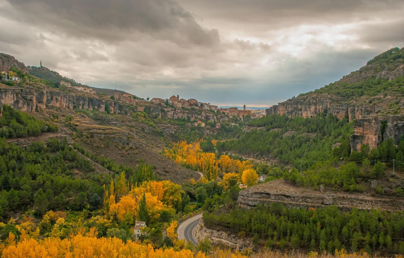 Photo wallpaper road, autumn, the city, panorama, Spain, road, panorama, autumn