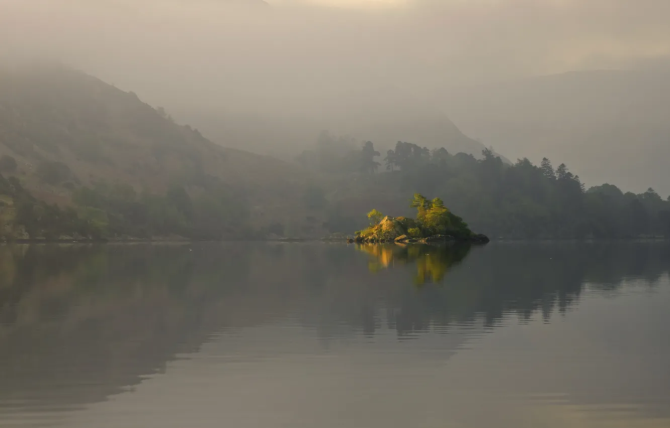 Photo wallpaper trees, fog, lake, surface, reflection, hills, island