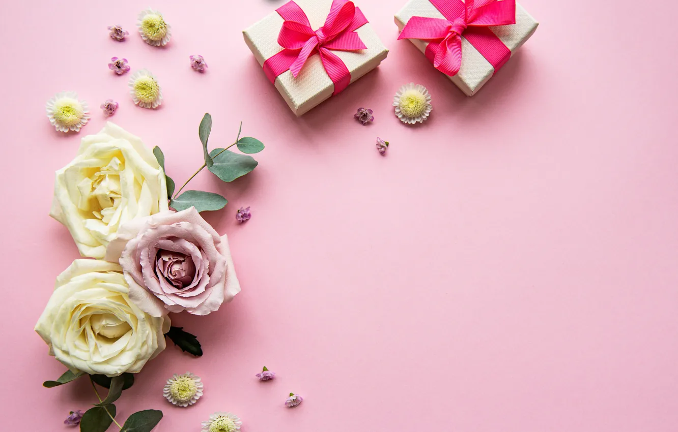 Photo wallpaper flowers, background, gift, pink, buds, composition