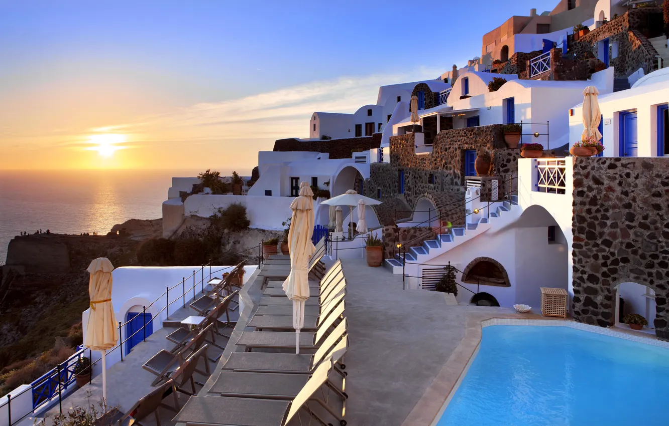Photo wallpaper sea, the sun, sunset, the city, Santorini, Greece