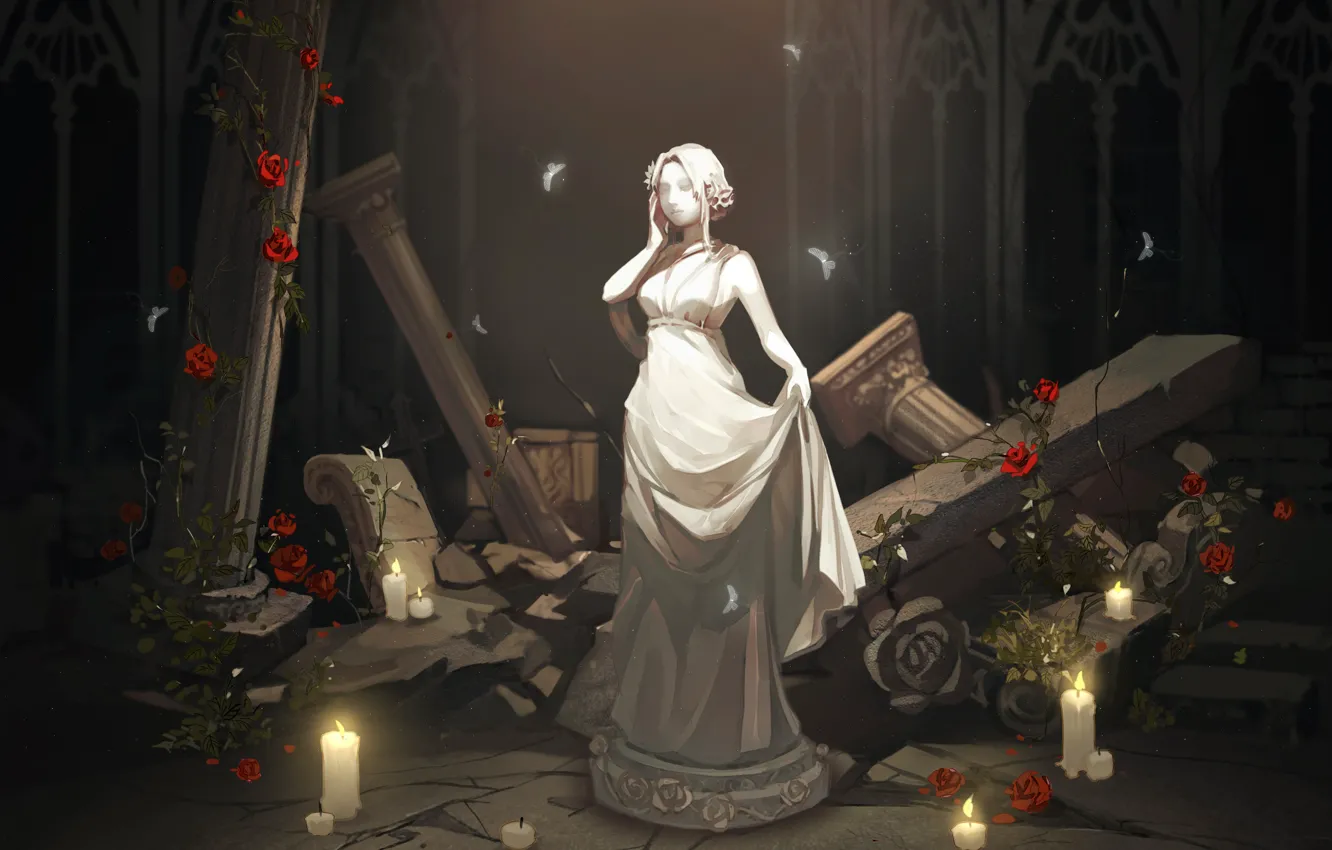 Photo wallpaper girl, light, darkness, roses, shadow, statue