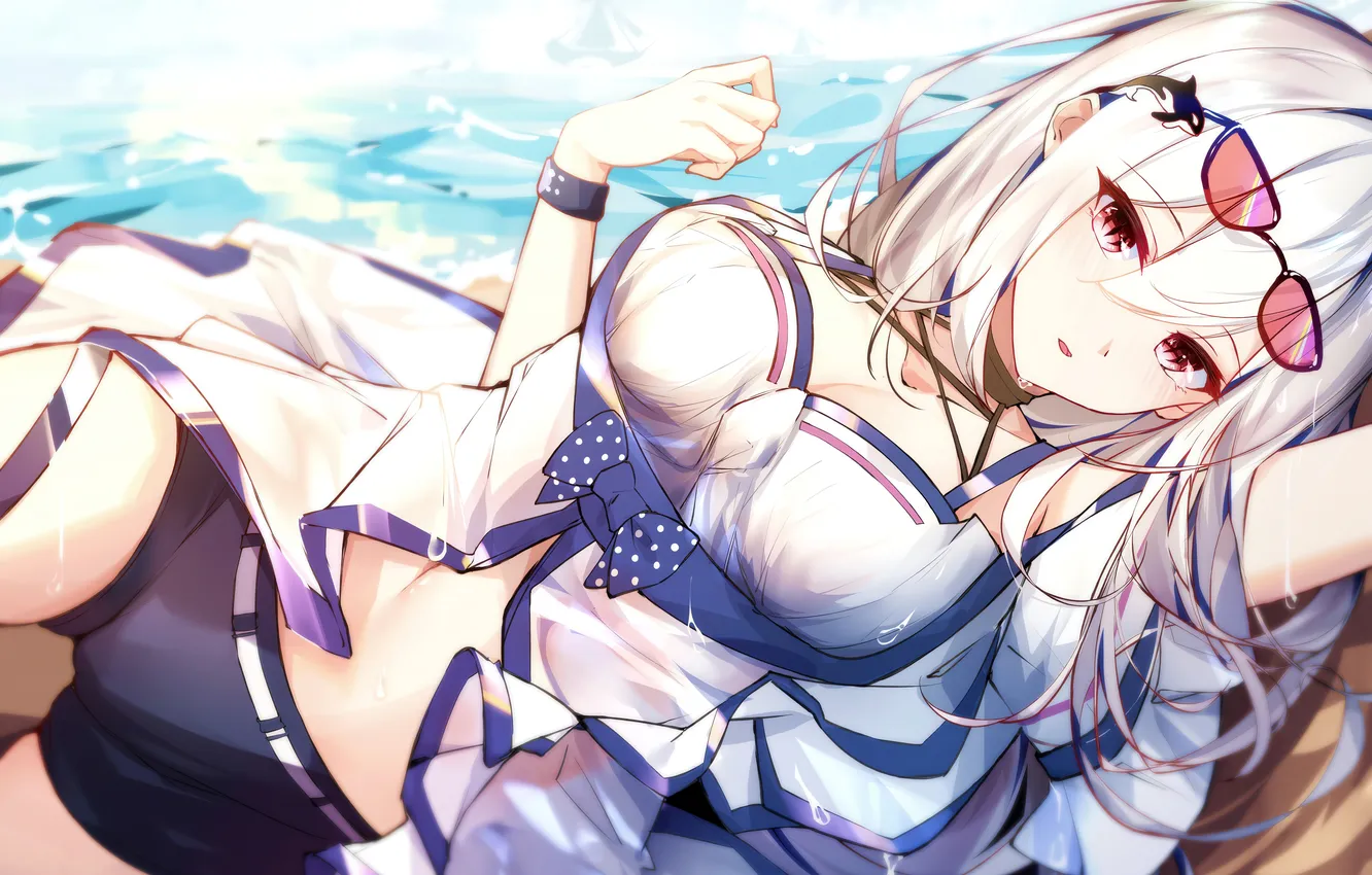 Photo wallpaper girl, sexy, wet, cleavage, beach, shorts, long hair, sea