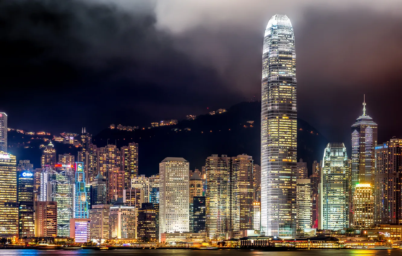 Photo wallpaper the city, night lights, Hong Kong, Asia, skyscrapers, megapolis, Hong Kong, Asia