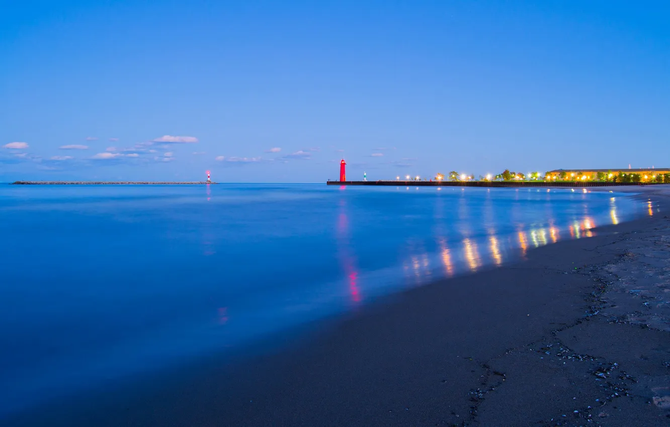 Photo wallpaper sea, the sky, clouds, lights, shore, lighthouse, home, tide