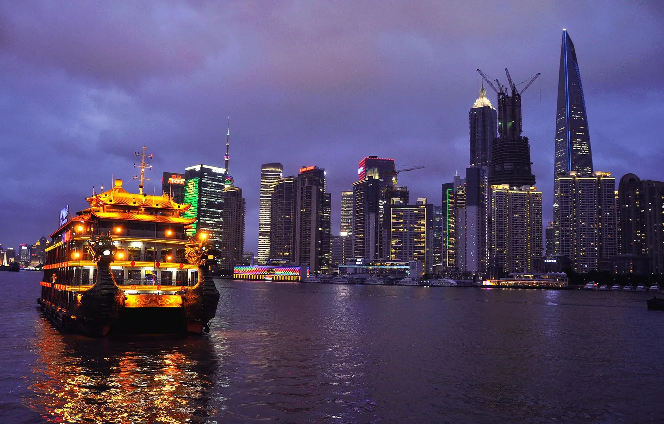 Photo wallpaper water, night, lights, ship, home, Shanghai