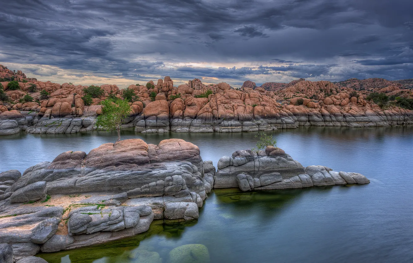 Photo wallpaper summer, lake, rocks, the evening, AZ, USA, Prescott, Watson