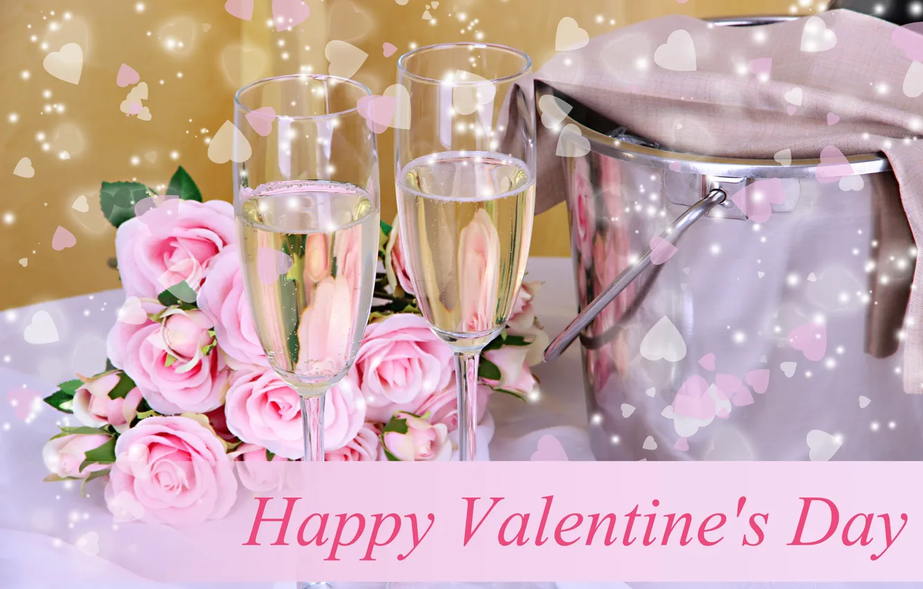 Photo wallpaper flowers, roses, champagne, Valentine's day, bucket, glasses