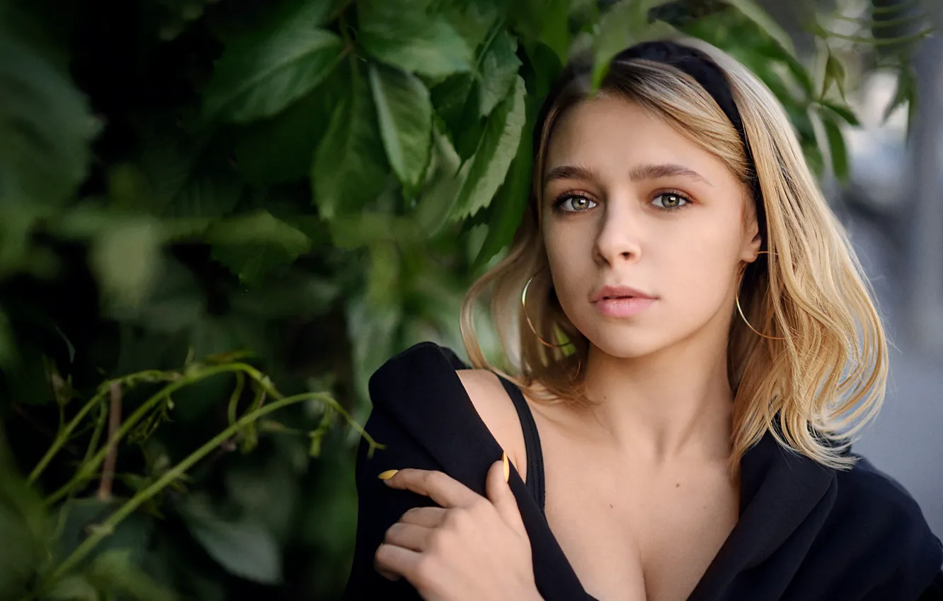 Photo wallpaper look, leaves, girl, blonde, Denis Lytkin