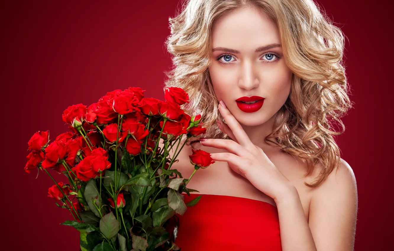 Photo wallpaper look, girl, red, roses, bouquet, makeup, lipstick, hairstyle