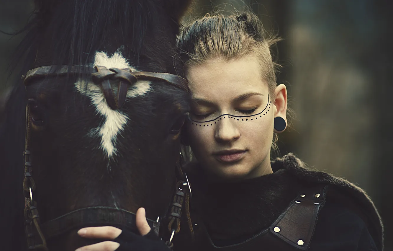 Photo wallpaper girl, line, nature, face, style, the dark background, each, horse
