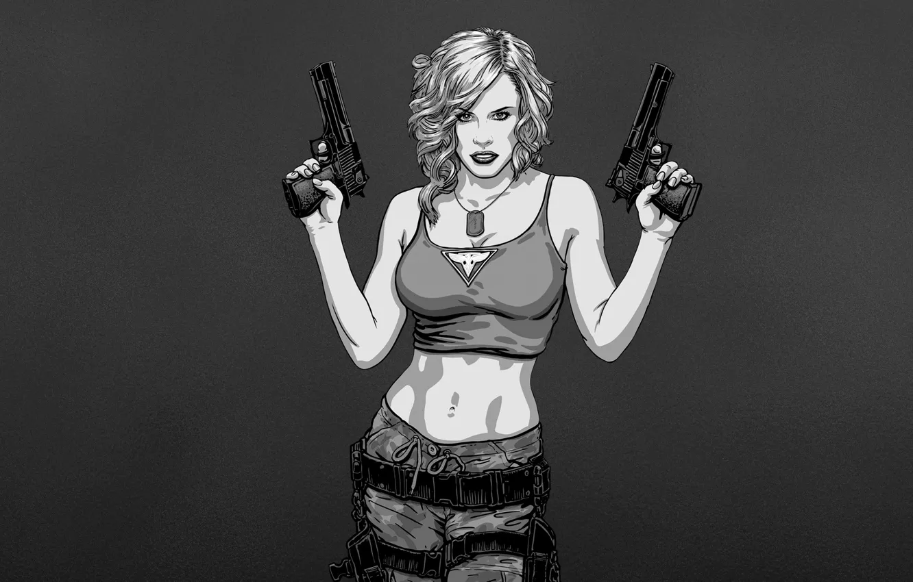 Photo wallpaper girl, black and white, guns, gun, red alert