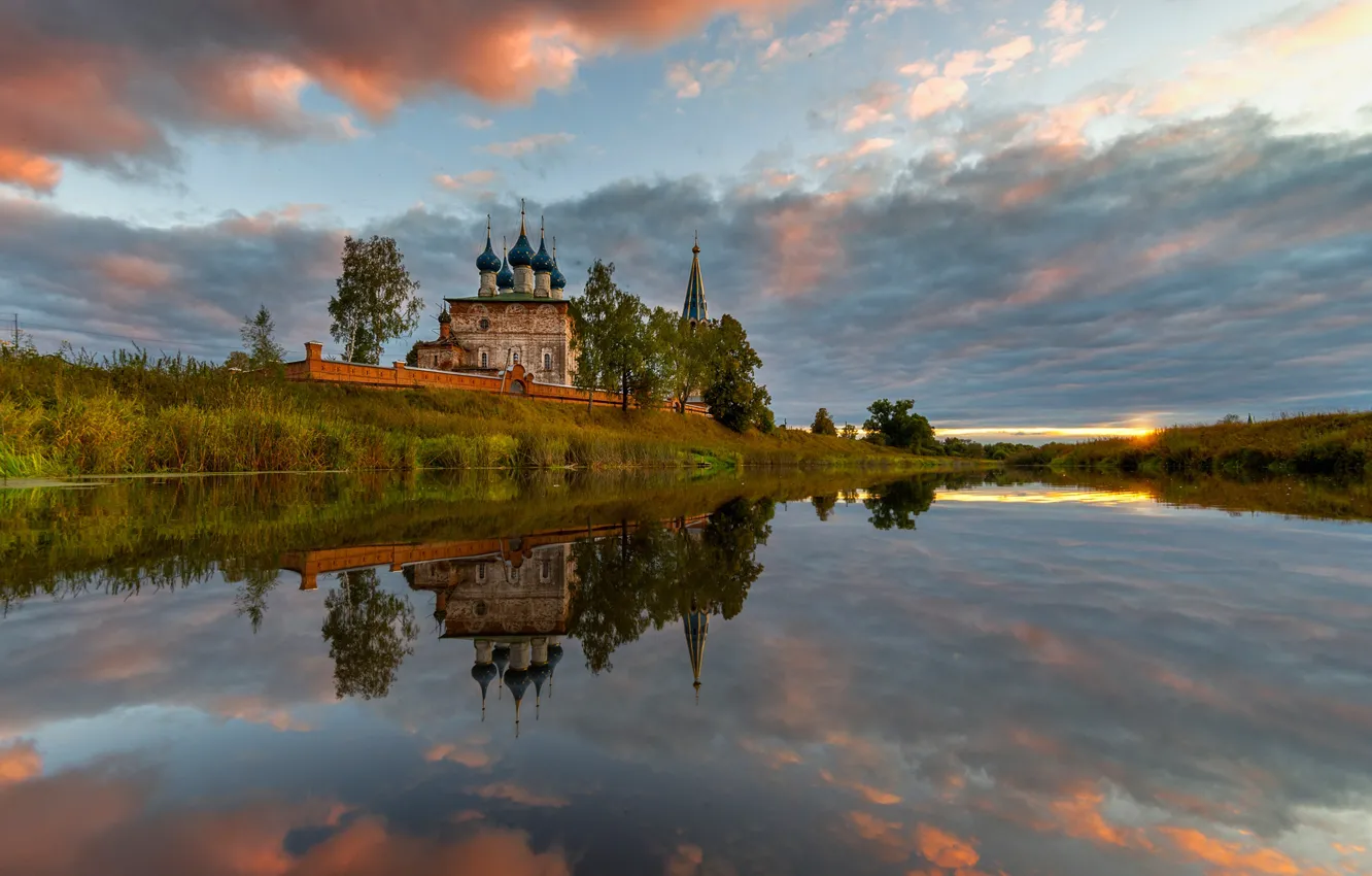 Photo wallpaper landscape, nature, river, dawn, village, morning, temple, Bank