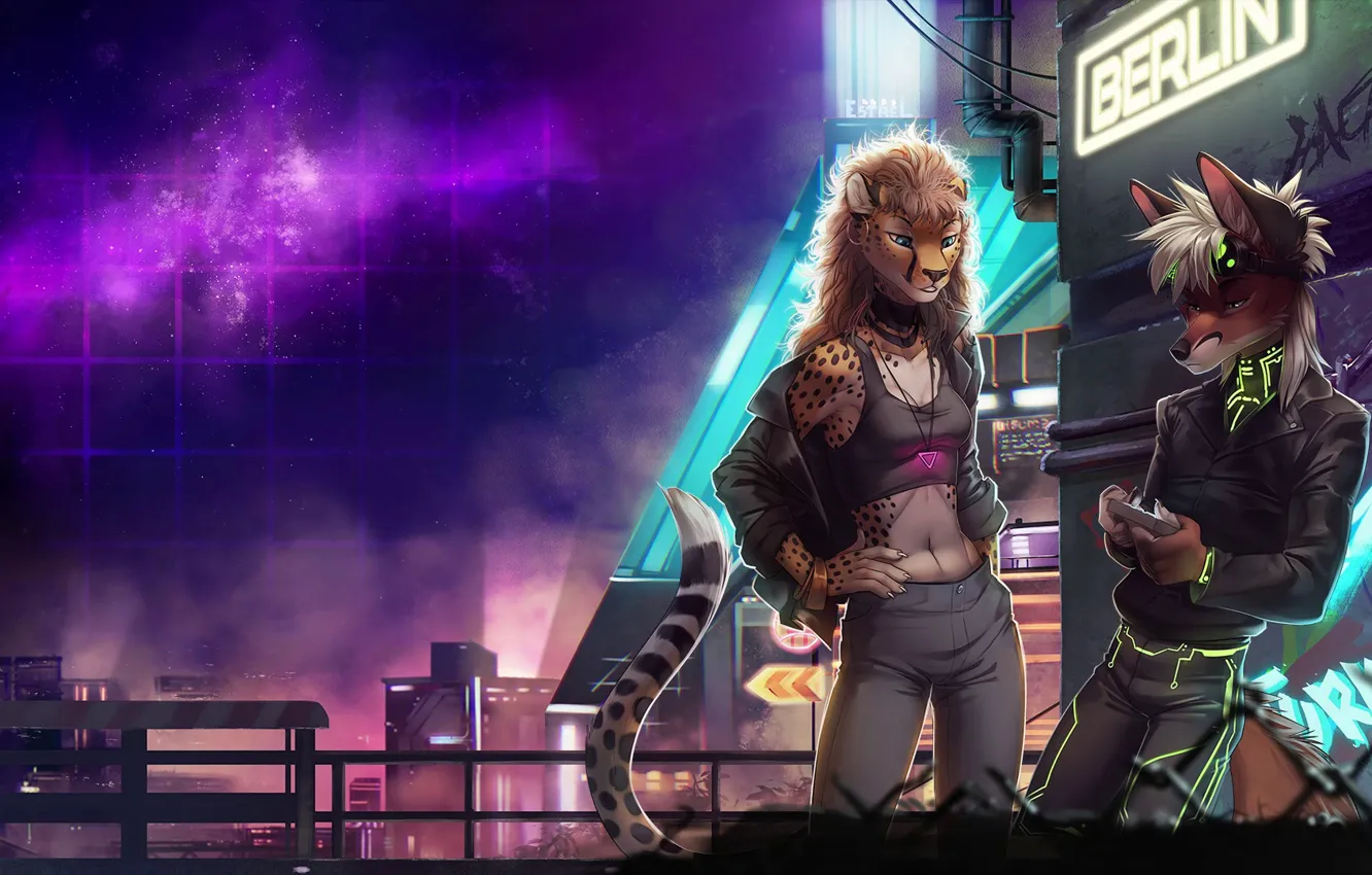 Photo wallpaper Fox, The city, Stars, Neon, Background, Neon, Electronic, Cheetah