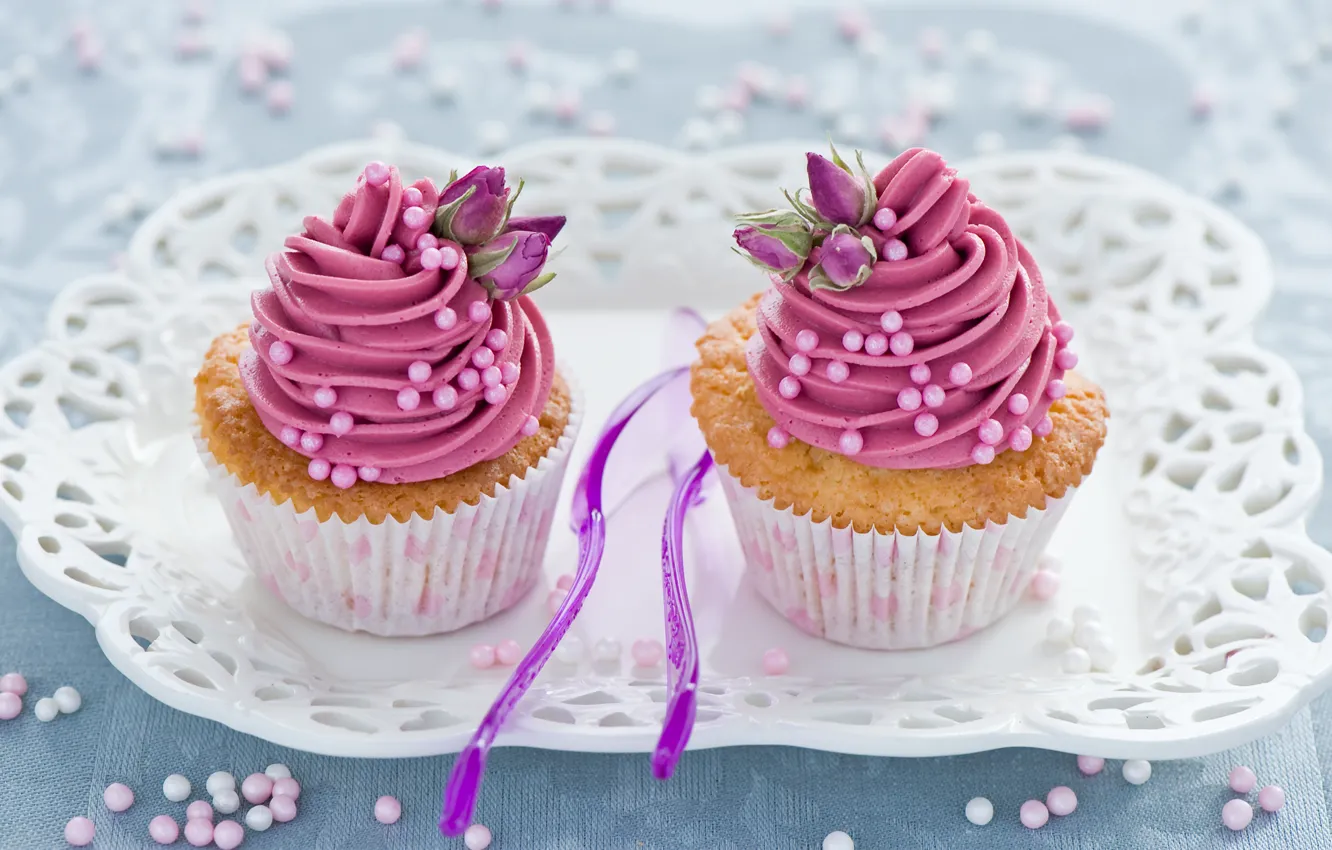 Photo wallpaper flowers, spoon, sweets, pink, cream, dessert, cakes, sweet
