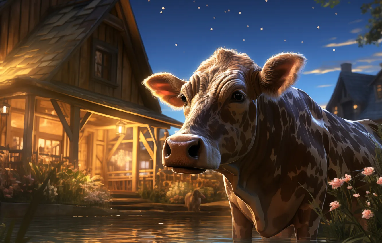 Photo wallpaper face, water, home, the evening, cows, digital art, AI art, The Art of Artificial Intelligence