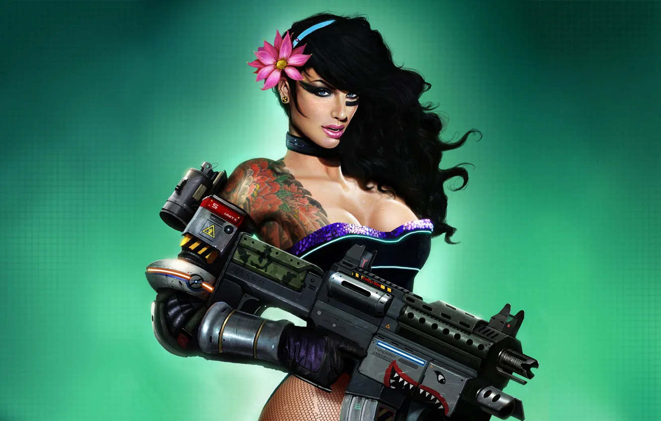 Photo wallpaper girl, weapons, graphics, brunette, machine, tattoo, corset, illustration