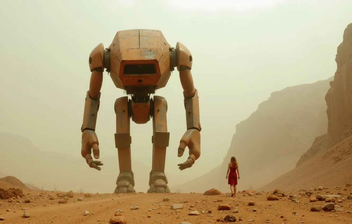 Photo wallpaper red, girl, robot, desert, robot and girl