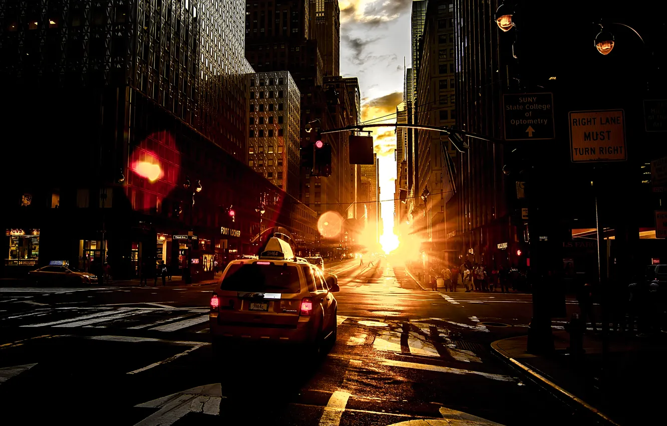 Photo wallpaper the sun, dawn, street, home, New York, glow, taxi