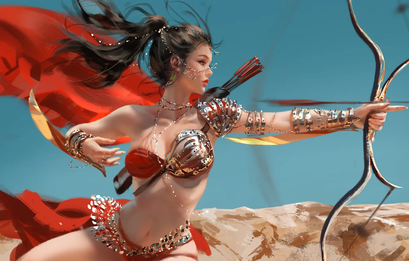 Photo wallpaper ponytail, women, digital art, bow, princess, bikini, arrows, Archer
