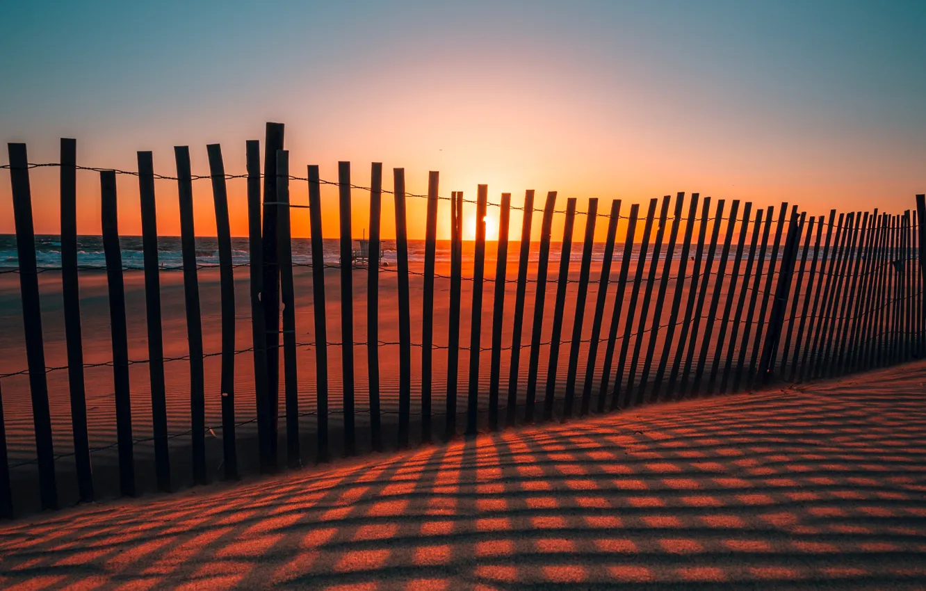 Photo wallpaper sand, sea, the sun, sunset, heat, the fence, shadow