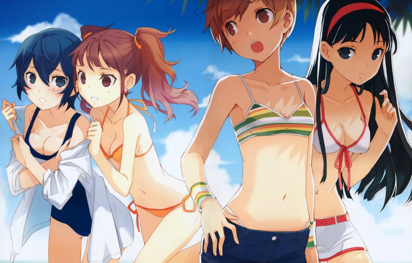 Photo wallpaper sexy, cleavage, shorts, long hair, girls, brown hair, brown eyes, boobs