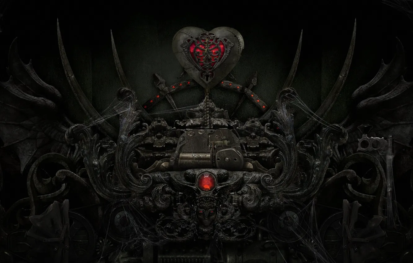 Photo wallpaper crystal, metal, the dark background, red, heart, mechanism, web, black