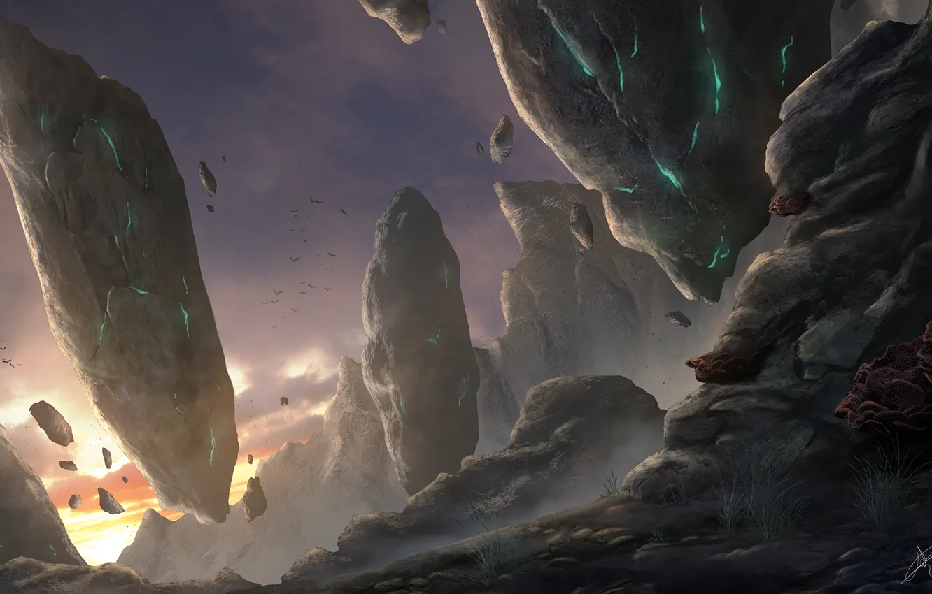 Photo wallpaper cracked, rocks, art, flying, monolith